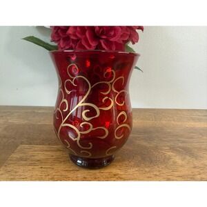 Vintage Ruby Red Glass Vase Hand Painted Gold Scroll Hollywood Regency Decor